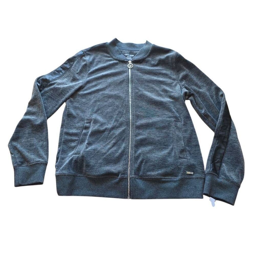 Calvin klein womens Sz M gray velour bomber jacket faux leather trim
